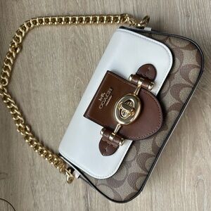 Coach White and Brown Crossbody Bag with Gold Chain
